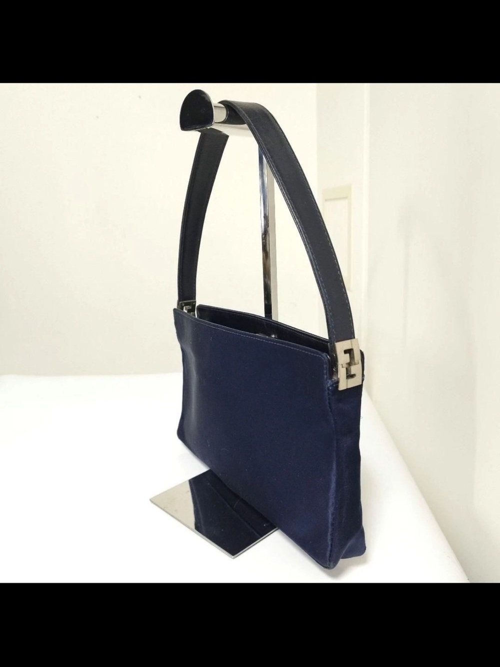 Fendi Navy Shoulder Bag with Black Strap and Gold Hardware
